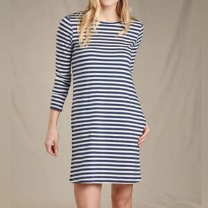 Toad&Co Windmere Long Sleeve Navy Blue & White Striped T Shirt Dress